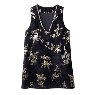 宝诗黎V领钉珠亮丝背心裙2026春季新款气质百搭新中式中长直筒裙