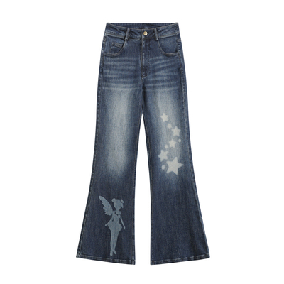 haveameal原创复古微喇牛仔裤美少女星星烧花百搭轻亚长裤