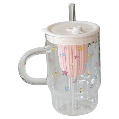 大容量满天星星玻璃吸管杯女生高颜值茶水分离牛奶杯办公室果茶杯