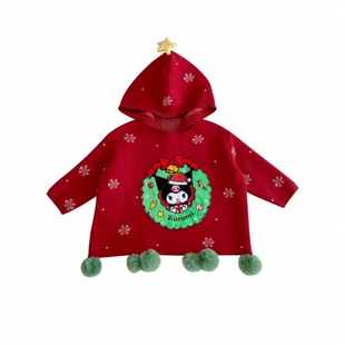 圣诞女童新款红色喜气毛衣裙洋气翻领卡通提花纯棉线抗起球连衣裙