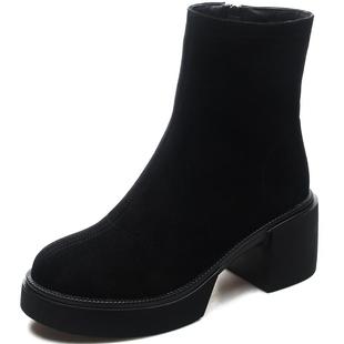 2025冬季新款厚底高跟鞋粗跟绒面短靴女靴子羊皮女靴软加绒马丁靴