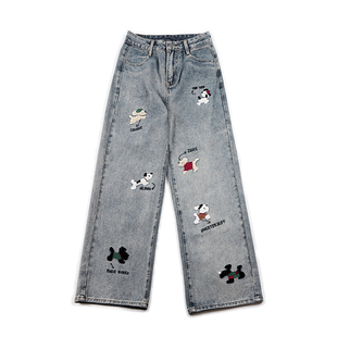 自然涩小狗刺绣牛仔裤女秋冬季2026新款加绒美式休闲直筒阔腿裤子