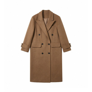 Joeyoo秋冬新款宽松单排扣卡其色毛呢外套女中长款过膝呢子大衣潮
