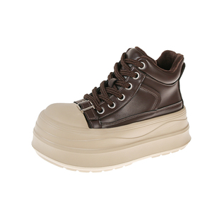 欧货松糕底高帮鞋女2025秋冬新款真皮加绒厚底时尚休闲鞋轻便板鞋