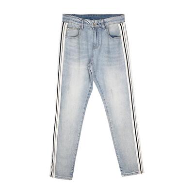 BAIRBAOLIY美式怀旧复古长裤水洗做旧条纹点缀直筒修身男款牛仔裤