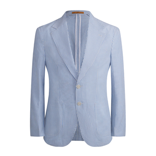 【蓝白泡泡纱】平圆方中上衣夏季轻薄蓝白色西服套装男西装外套