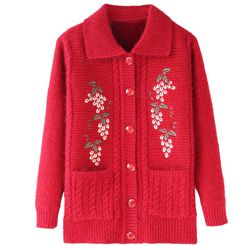 秋冬中老年人女士开衫毛衣中年妈妈装纽扣绣花加绒加厚保暖针织衫