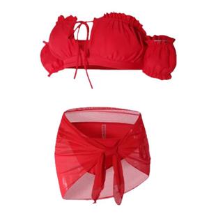 欧美性感泳衣女2024新款度假分体比基尼红色大小胸聚拢泡温泉泳装