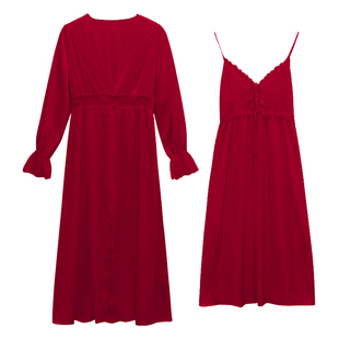 红色晨袍睡衣女夏季冰丝宫廷风法式睡裙真丝睡袍婚礼新娘结婚秋冬