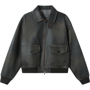 LEZORA vintage A2!手工擦色做旧山羊皮拉绒格子布飞行夹克皮衣男