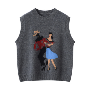 马甲女山羊绒手绣牛仔舞士圆领针织衫背心秋冬新款配西装宽松坎肩