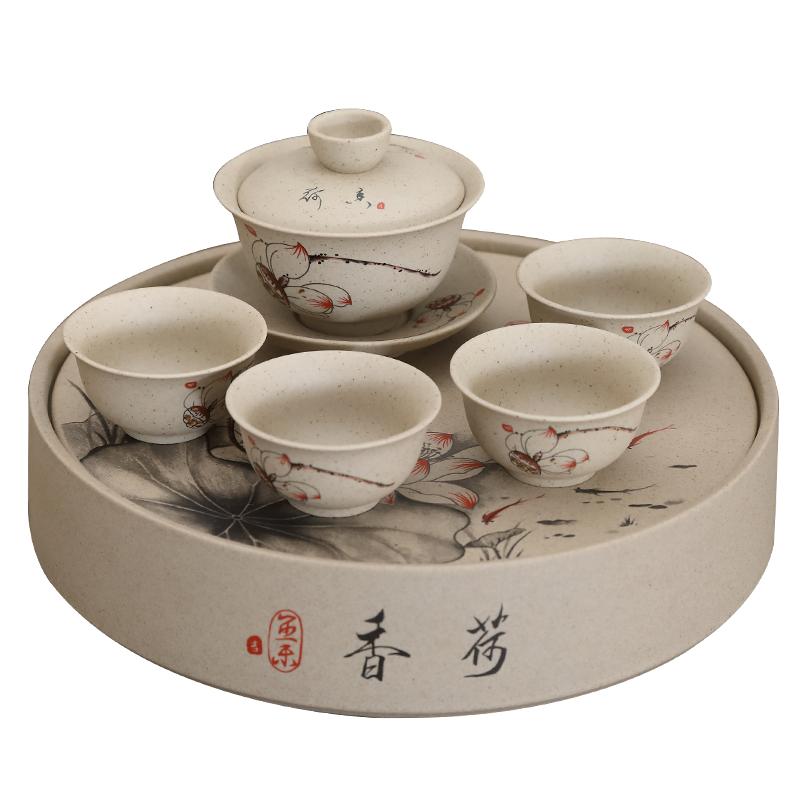 陶土旅行功夫茶具套装小盖碗四杯便携户外家用潮汕工夫茶具小茶盘