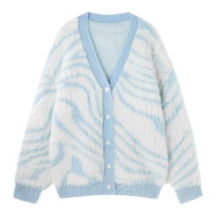 BJHG不计后果仿貂毛毛衣男款冬季新款潮牌斑马条纹宽松开衫外套女