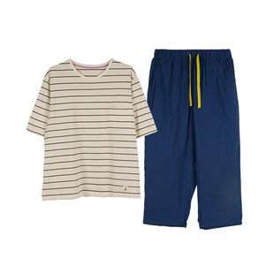 26春夏新款纯棉男条纹短袖九分裤圆领套头睡衣家居服套装朵朵可可