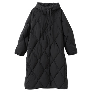 popchrio◆防泼防油菱格廓形连帽羽绒服长款过膝加厚保暖外套女冬