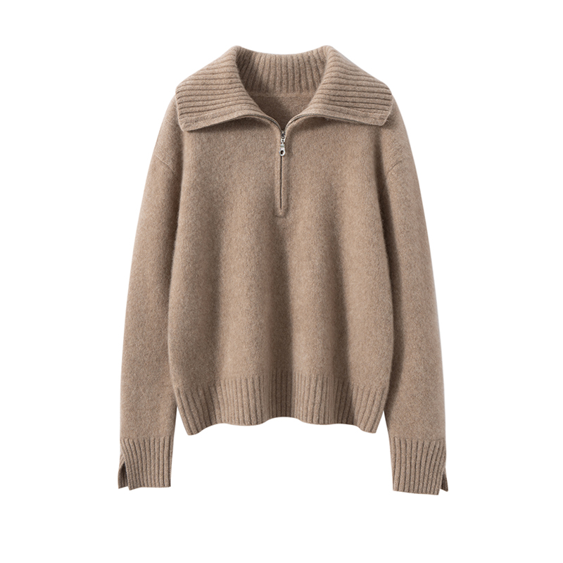2025秋冬新款山羊绒衫女半高领拉链加厚宽松毛衣针织纯色打底衫