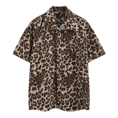 复古东京一字领短袖豹纹印花衬衫