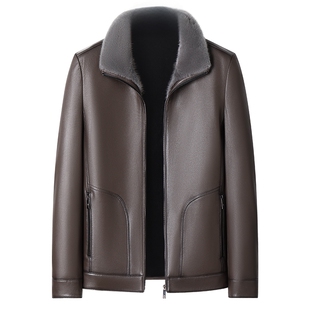 [山羊皮/水貂毛领]梦特娇男士真皮皮衣冬季商务夹克加绒外套保暖J
