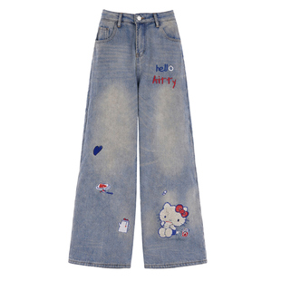 胖mm特大码女装凯蒂猫卡通刺绣牛仔裤女学生显瘦加绒加厚直筒裤子
