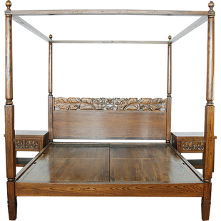 东南亚风格架子床中式会所BD192-1榆木雕花帷幔床四柱架子床泰式