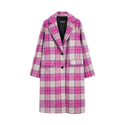 Desigual25秋冬新品格纹枪驳领单排扣女士大衣