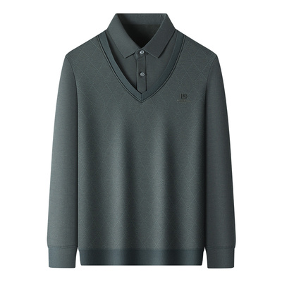 恒源祥男士假两件加绒加厚羊毛衫冬季翻领保暖针织中老年打底毛衣