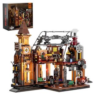 Funwhole蒸汽朋克世界火车站拼装积木配轨道复古风中国灯光积木