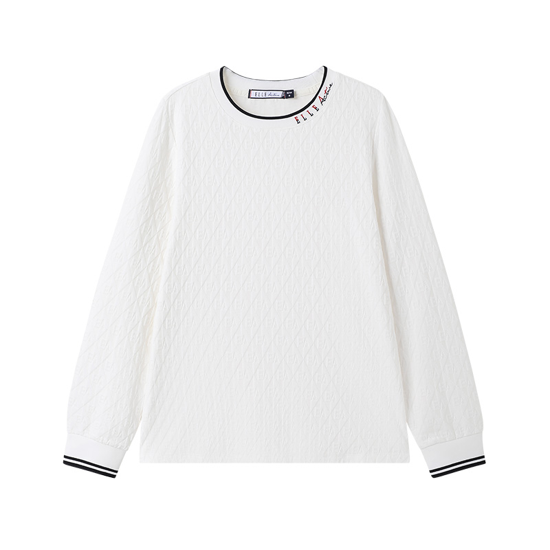 ELLE ACTIVE女装运动t恤简约百搭提花格子体恤衫舒适打底长袖上衣