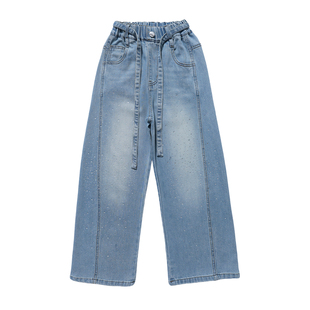 女童春季牛仔阔腿裤2026新款韩版洋气水钻系带亮钻腰带牛仔弯刀裤