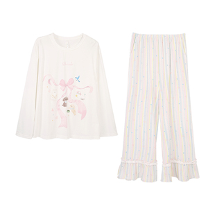 安之伴【巨柔软】睡衣女春秋季甜美竖条纹阔腿裤家居服套装可外穿