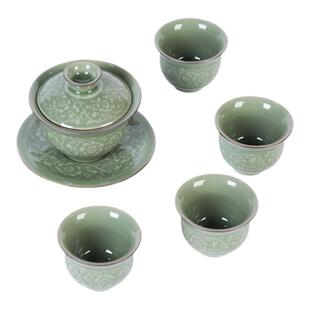 龙泉青瓷茶具套装家用简约手工中式功夫茶杯陶瓷盖碗泡茶器礼盒装