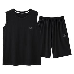 加肥加大码睡衣男款夏季莫代尔无袖短裤黑色高级感背心男士家居服