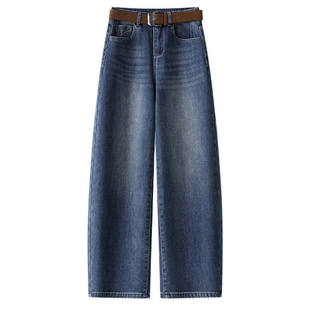 拉夏贝尔美式复古蓝牛仔弯刀裤女2026年春秋季新款加绒阔腿裤子