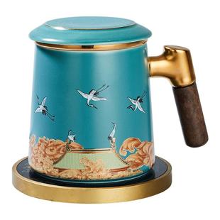 容山堂瑞鹤图陶瓷马克杯茶水分离泡茶杯绿茶杯办公室铜保温底座