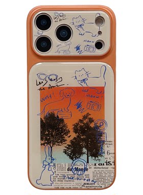 jze 可爱涂鸦线条猫咪狗狗夕阳适用苹果17ProMax手机壳橙色iphone15新款16pro女17pro大视窗14全包防摔手机套