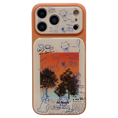 jze 可爱涂鸦线条猫咪狗狗夕阳适用苹果17ProMax手机壳橙色iphone15新款16pro女17pro大视窗14全包防摔手机套