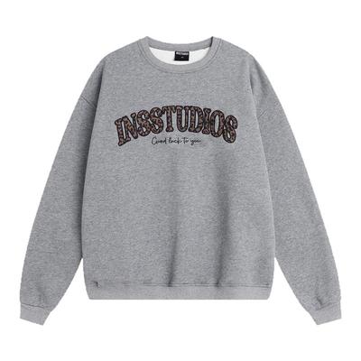 INSstudios豹纹刺绣灰色圆领卫衣