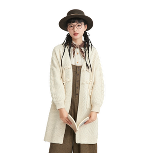 紫涵V领盘扣针织开衫女秋季长款宽松慵懒风毛衣外套简约文艺森系