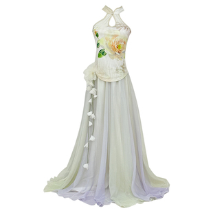 叶落清舞古典舞服装新中式旗袍领印花大摆裙中国风仙气舞蹈练功服