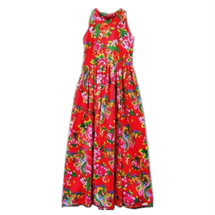 春秋新款东北大花修身优雅A字腰无袖长裙连衣裙合唱服立领民族风