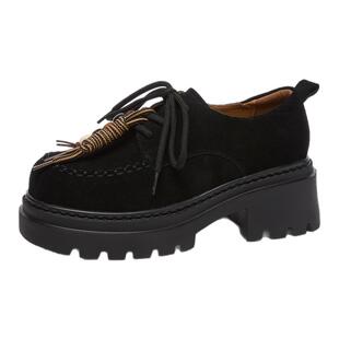 金利来女鞋秋季新款黑色厚底乐福鞋系带百搭时尚复古牛反绒小皮鞋