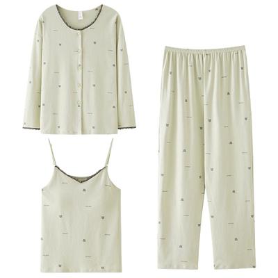 猫人纯棉睡衣女春秋带胸垫家居服