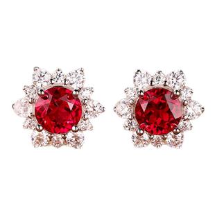 【SOOMI雪花】925银1.4ct圆形培育鸽血红宝石耳钉经典百搭耳环女
