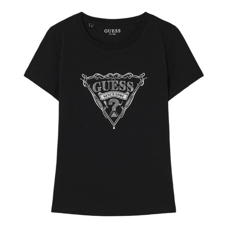 韩国代购GUESS女棉质短袖T恤宽松闪钻三角夏季女性白黑款YQ2K2430