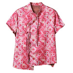 大码国风立领斜开襟三盘扣宽松气质短袖衬衫女新中式嫣红提花上衣