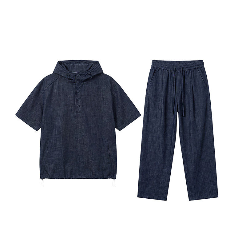 『蒙太奇』天然棉麻牛仔连帽套头衬衣半袖休闲直筒裤轻奢简约套装