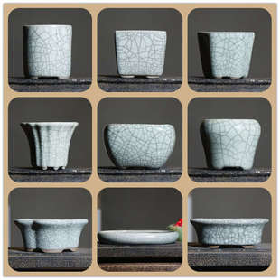 紫砂花盆陶瓷微型盆景盆裂小觅水仙汝盆植物陶冰多开盆乡肉片窑