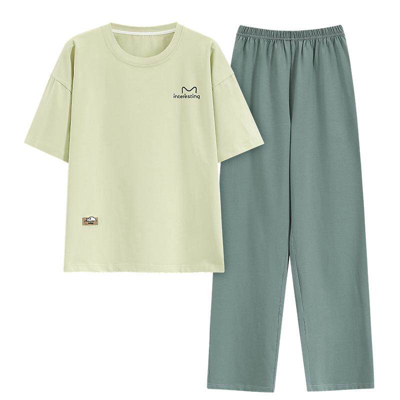 卡之恋女款睡衣夏季纯棉薄款短袖长裤奶绿学生可外穿家居服两件套