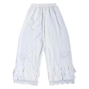 饭粒家 原创设计宅女蕾丝花边叠穿阔腿裤休闲公主裤白色长裤宽松