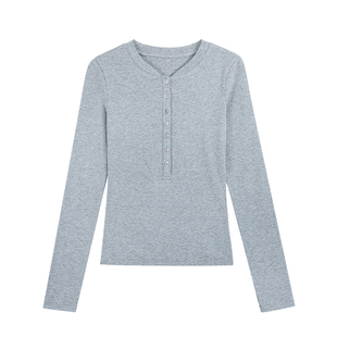 pusumede 韩漫身材 亨利领长袖上衣女内搭打底衫修身针织气质t恤